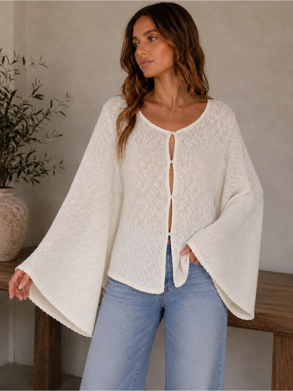 Elegant Cream Oversized Knit Bell Sleeve Sweater Cardigan